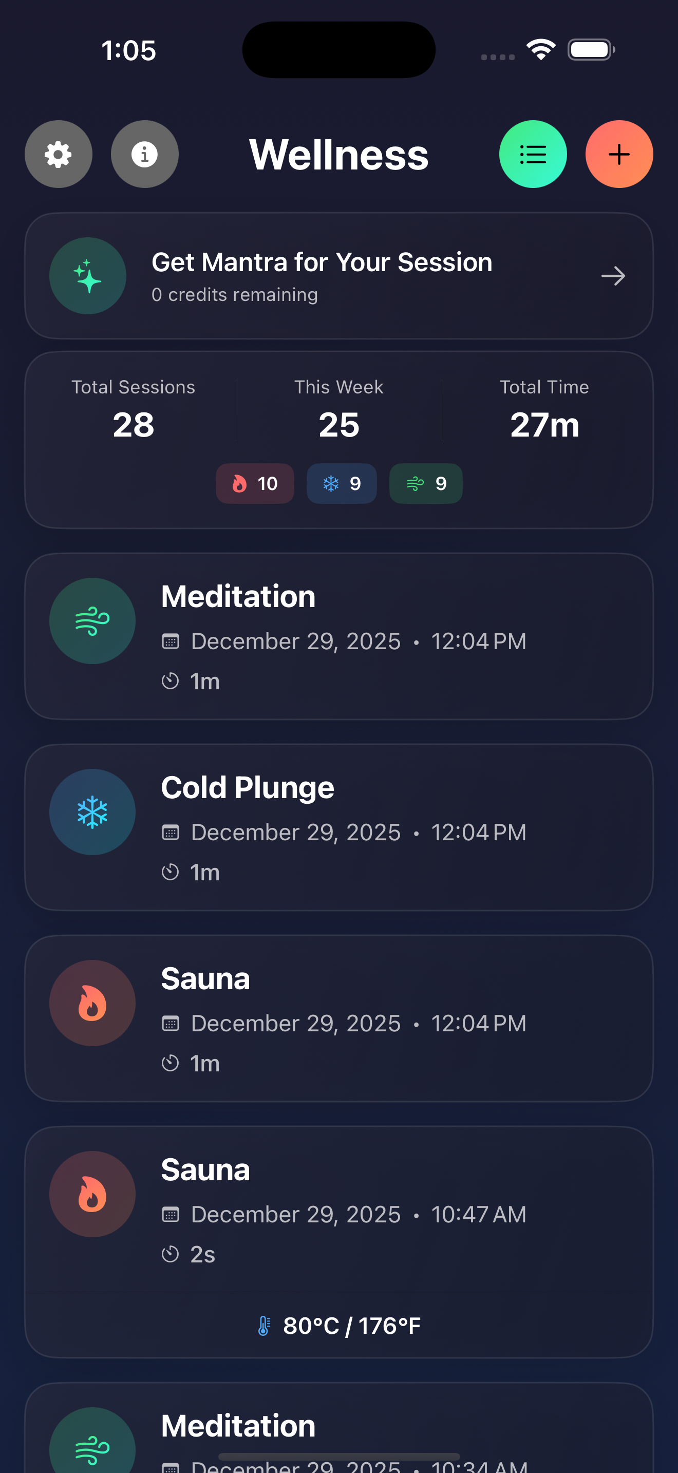 Saunavuoro wellness dashboard with session history and totals