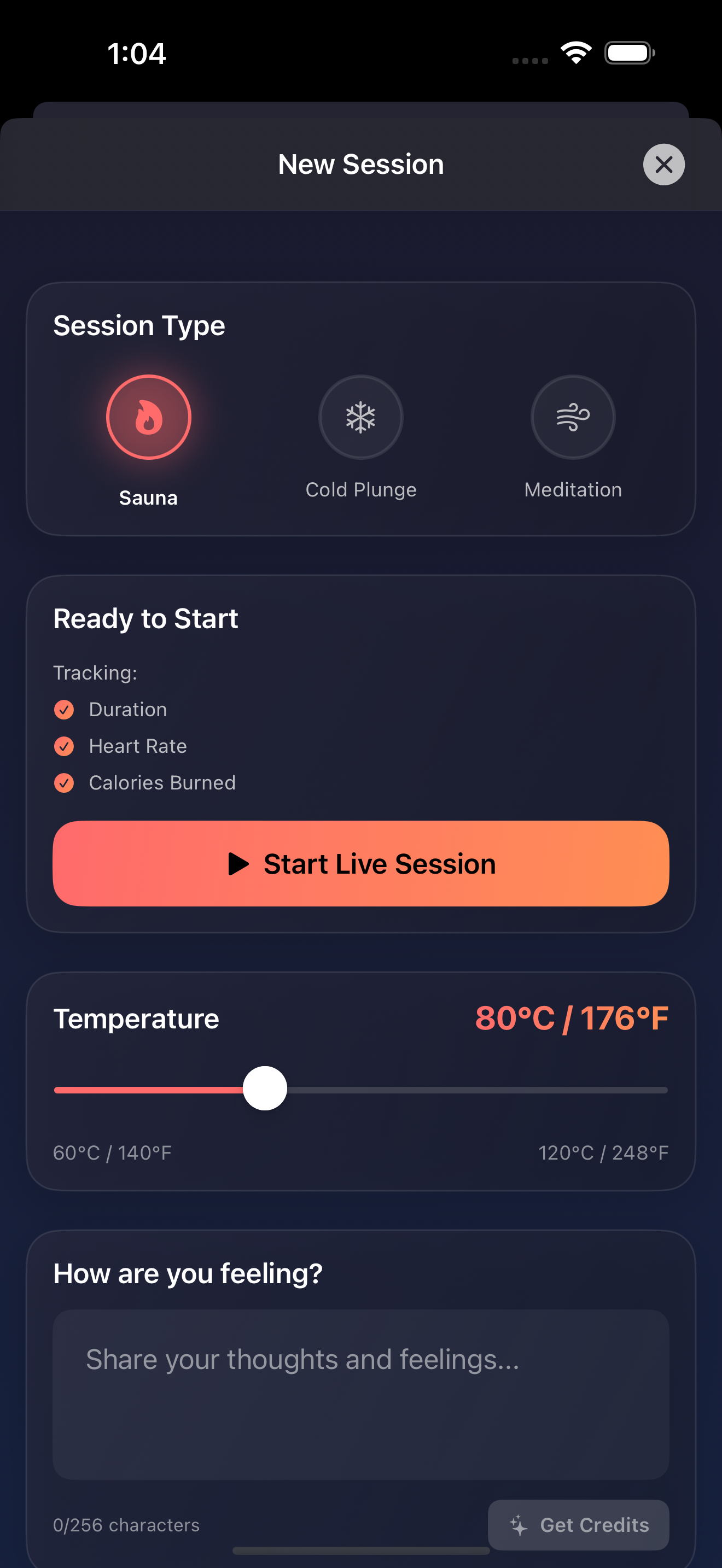 Saunavuoro new sauna session setup with temperature